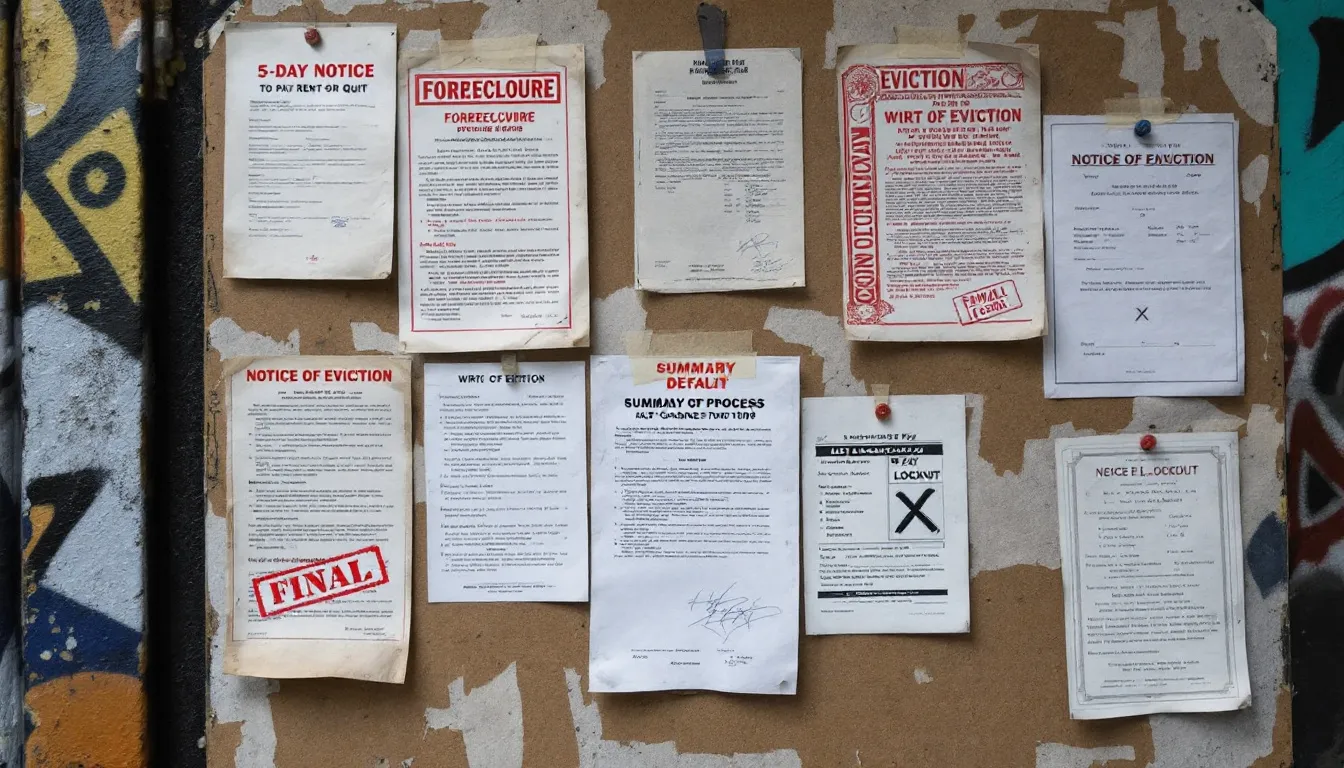 Different types of eviction notices displayed on a bulletin board.