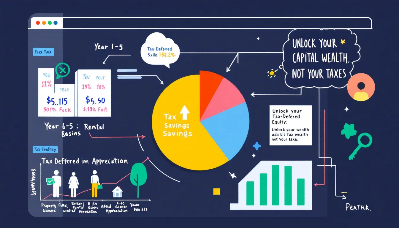 An illustration of capital gains tax deferral strategies for rental property owners, emphasizing tax benefits.
