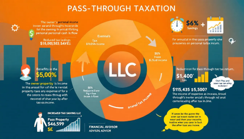 An illustration showing the concept of pass-through taxation for rental property LLCs, highlighting tax benefits.